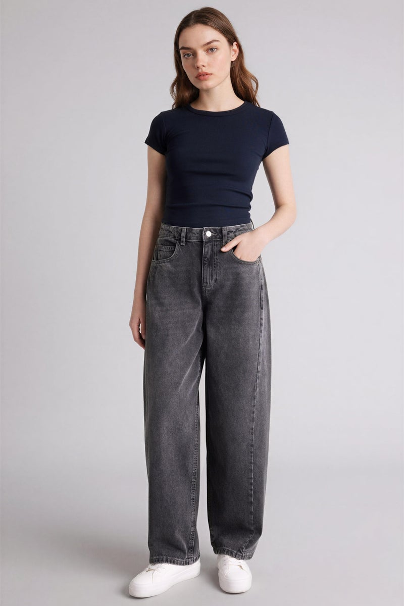 DeFacto Blue Woman Fitted Crew Neck Ribbed T-Shirt Casual - Image 2