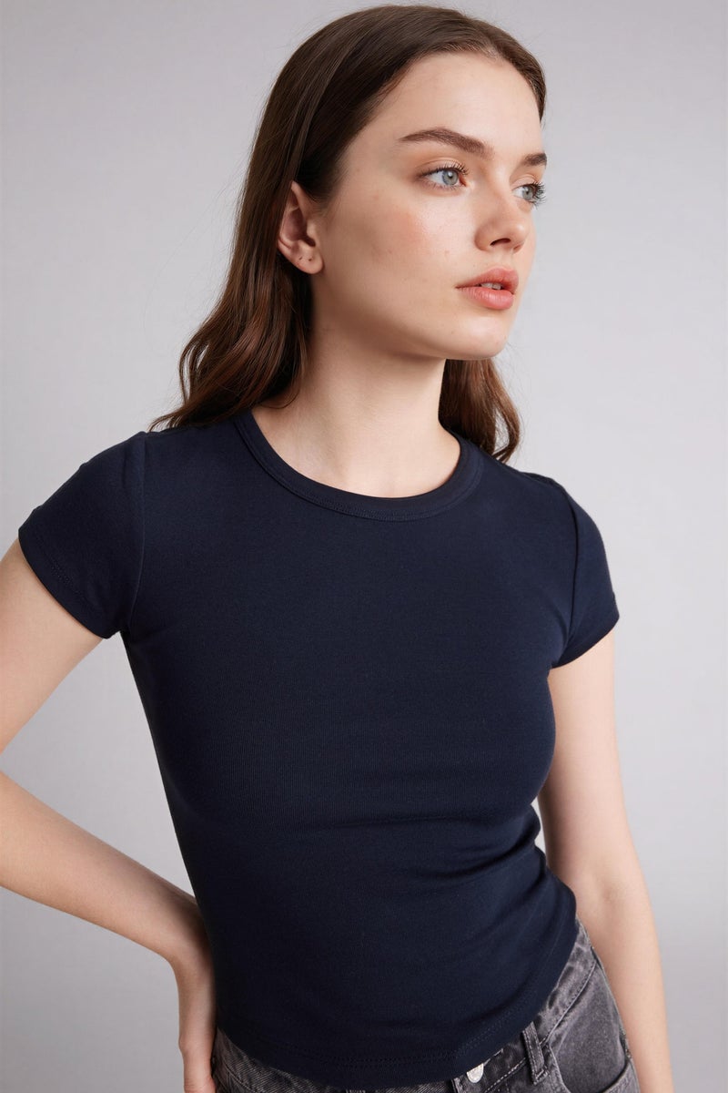 DeFacto Blue Woman Fitted Crew Neck Ribbed T-Shirt Casual - Image 1