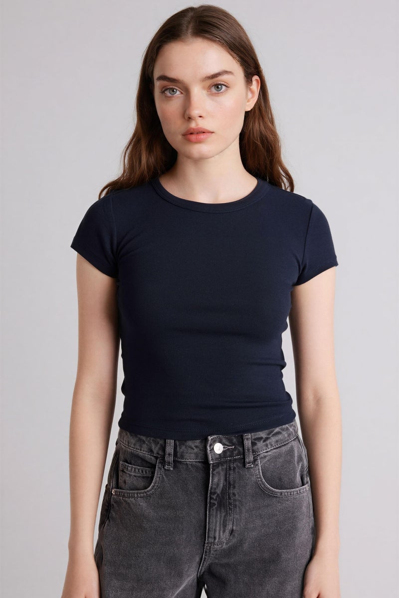 DeFacto Blue Woman Fitted Crew Neck Ribbed T-Shirt Casual - Image 3