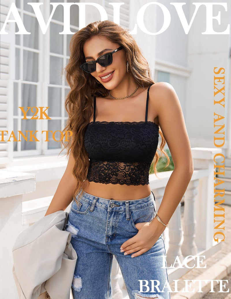 Avidlove Camisole for Women Floral Lace Fitness Casual Basic Crop Tops (Black Large) - Image 2