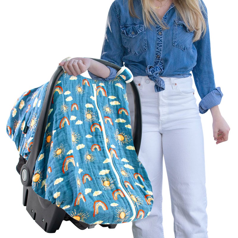 Bebe au Lait Bebe au Lait Classic Muslin Car Seat Cover Perfect Baby Car Seat Covers for Babies Car Seat Canopy Unisex Baby Car Seat Cover Easy Snap Straps Fully Zippered Opening Breathable Hello Sunshine