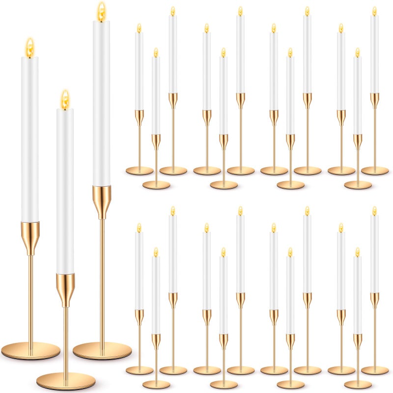 FillTouch 30 Pcs Gold Candlestick Holders with Flameless LED Candles Bulk Includes 15 Metal Candle Holders and 15 Battery Operated Taper Candles for Wedding Valentines Table Centerpieces Home Decor - Image 1