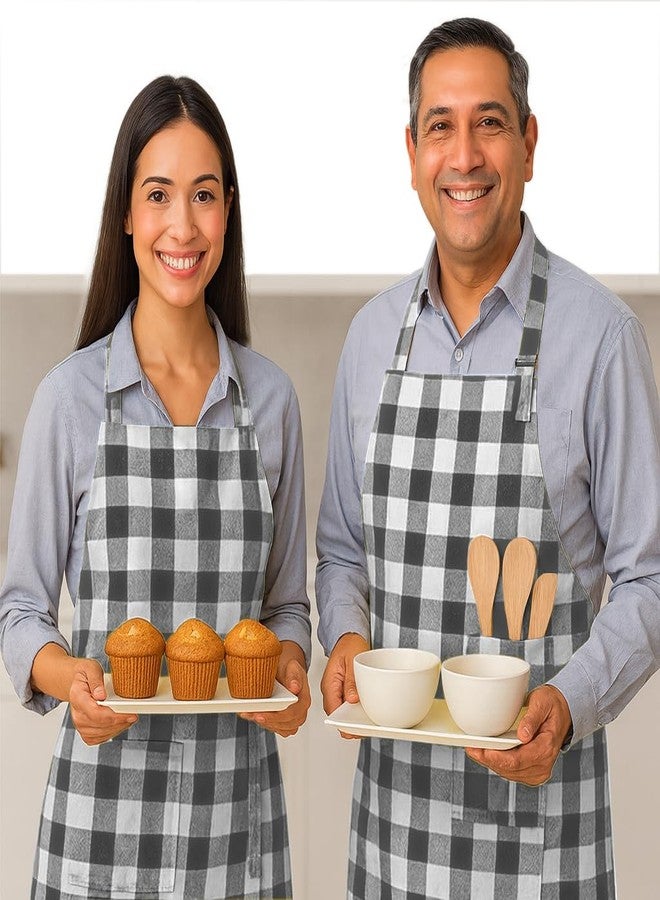 Native Fab Buffalo Check Apron 2 Pack, 100% Cotton Adjustable Aprons with Pockets, Farmhouse Kitchen Aprons for Cooking, Baking, Grilling, Stylish Modern Décor, Grey and White - Image 1