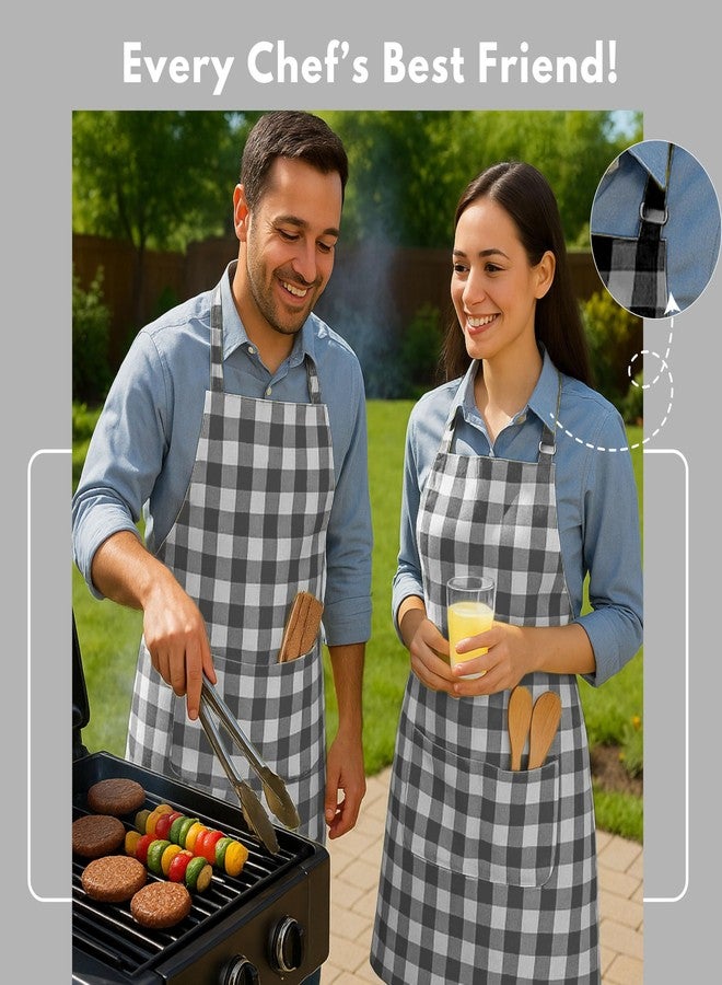 Native Fab Buffalo Check Apron 2 Pack, 100% Cotton Adjustable Aprons with Pockets, Farmhouse Kitchen Aprons for Cooking, Baking, Grilling, Stylish Modern Décor, Grey and White - Image 3