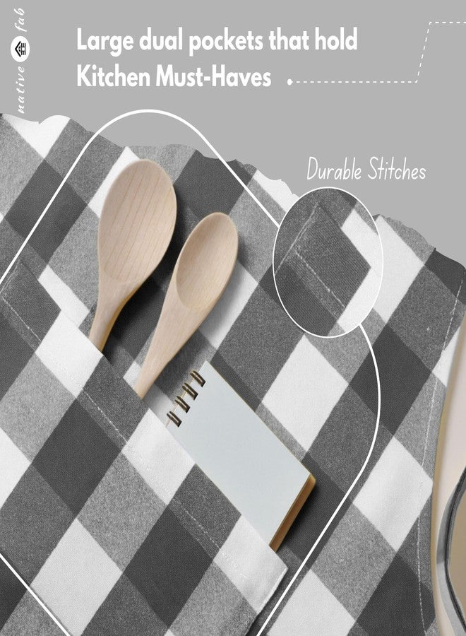 Native Fab Buffalo Check Apron 2 Pack, 100% Cotton Adjustable Aprons with Pockets, Farmhouse Kitchen Aprons for Cooking, Baking, Grilling, Stylish Modern Décor, Grey and White - Image 2
