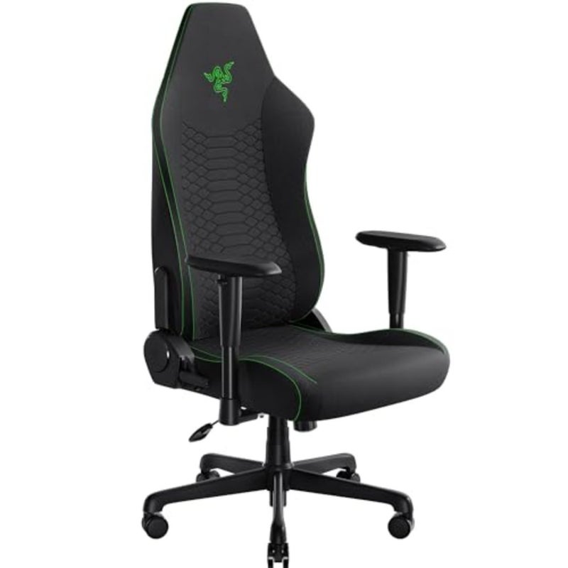 Ergonomic gaming chair for long sessions: black plush fabric, high-density foam cushions, built-in lumbar support, widened seat, 152-degree recline, 2D armrests - Image 1
