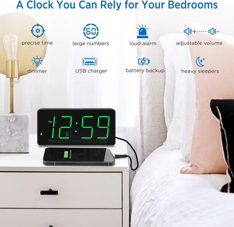 Peakeep Digital Clock, Alarm Clock for Bedrooms with USB Charger Port - Large Big Numbers 5 Brightness for Seniors, Battery Backup, Loud Alarm 5 Volums (Black with Green Digits) - Image 3
