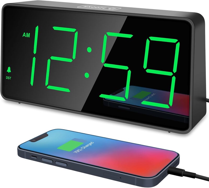 Peakeep Digital Clock, Alarm Clock for Bedrooms with USB Charger Port - Large Big Numbers 5 Brightness for Seniors, Battery Backup, Loud Alarm 5 Volums (Black with Green Digits) - Image 1