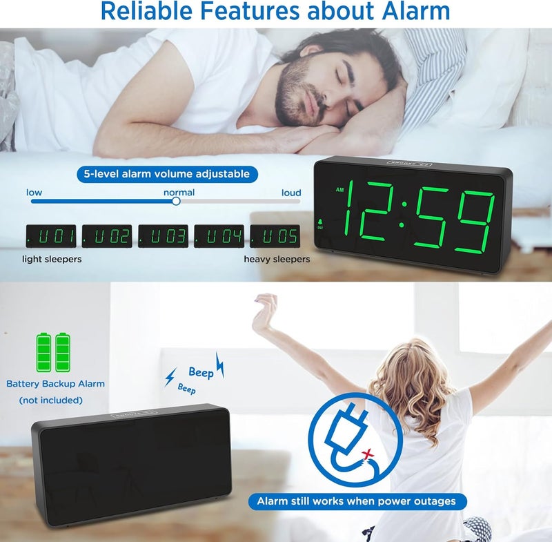 Peakeep Digital Clock, Alarm Clock for Bedrooms with USB Charger Port - Large Big Numbers 5 Brightness for Seniors, Battery Backup, Loud Alarm 5 Volums (Black with Green Digits) - Image 4