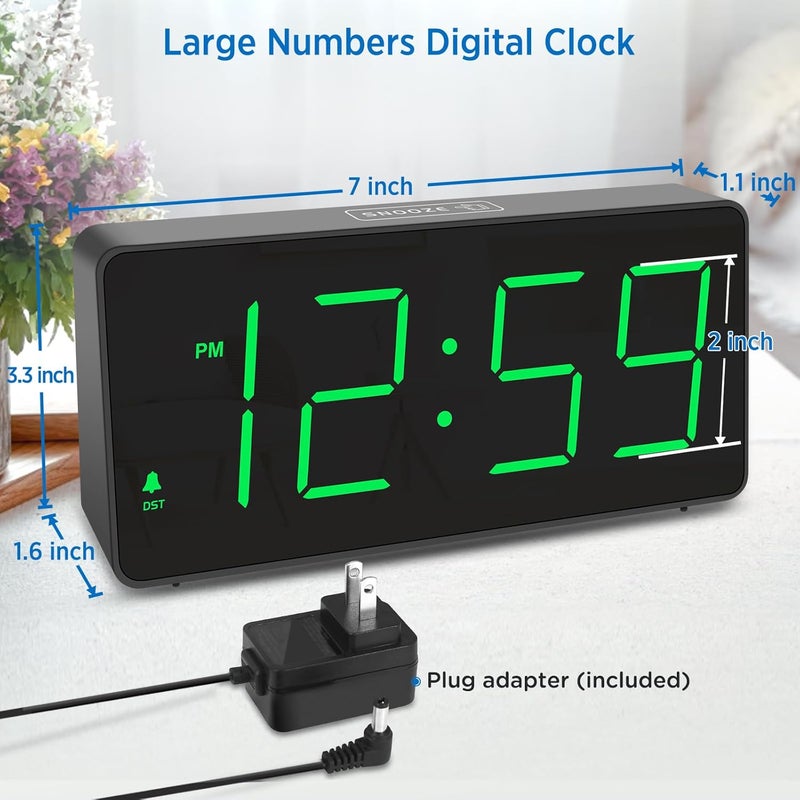 Peakeep Digital Clock, Alarm Clock for Bedrooms with USB Charger Port - Large Big Numbers 5 Brightness for Seniors, Battery Backup, Loud Alarm 5 Volums (Black with Green Digits) - Image 2
