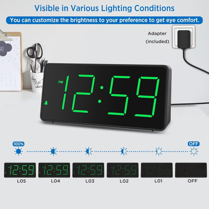Peakeep Digital Clock, Alarm Clock for Bedrooms with USB Charger Port - Large Big Numbers 5 Brightness for Seniors, Battery Backup, Loud Alarm 5 Volums (Black with Green Digits) - Image 5