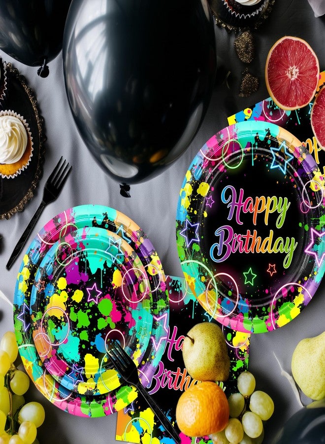 Avezano 96 PCS Neon Birthday Party Decorations Glow Neon Happy Birthday Plates Napkins Tableware Glow in the Dark Party Supplies, Serves 24 - Image 4