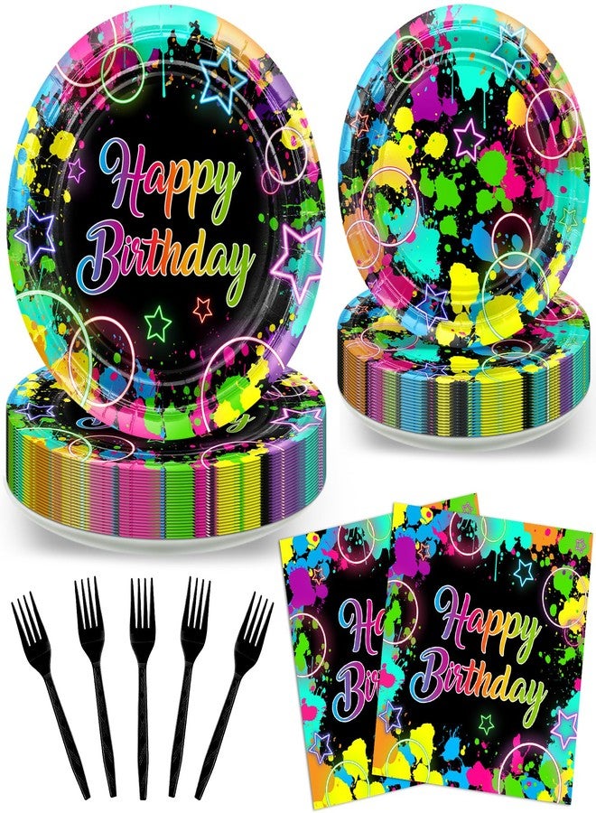 Avezano 96 PCS Neon Birthday Party Decorations Glow Neon Happy Birthday Plates Napkins Tableware Glow in the Dark Party Supplies, Serves 24 - Image 1