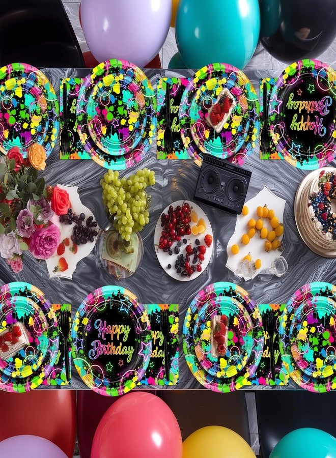 Avezano 96 PCS Neon Birthday Party Decorations Glow Neon Happy Birthday Plates Napkins Tableware Glow in the Dark Party Supplies, Serves 24 - Image 5