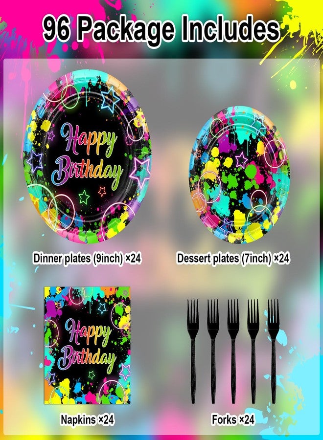 Avezano 96 PCS Neon Birthday Party Decorations Glow Neon Happy Birthday Plates Napkins Tableware Glow in the Dark Party Supplies, Serves 24 - Image 2