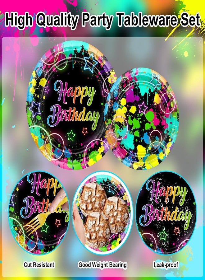Avezano 96 PCS Neon Birthday Party Decorations Glow Neon Happy Birthday Plates Napkins Tableware Glow in the Dark Party Supplies, Serves 24 - Image 3