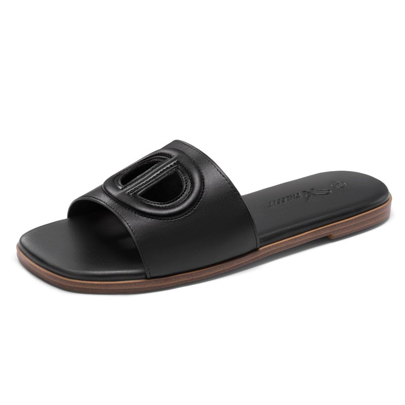 Athlefit Black Flat Sandals for Women Square Open Toe Comfortable Slip On Summer Beach Slide Sandals Size 8 - Image 1