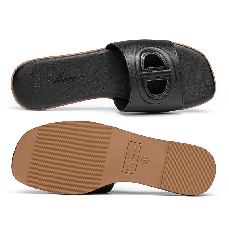 Athlefit Black Flat Sandals for Women Square Open Toe Comfortable Slip On Summer Beach Slide Sandals Size 8 - Image 5