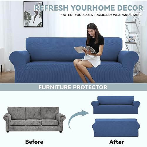 LURKA Stretch Sofa Slipcovers 1 Piece Couch Covers for 3 Cushion Couch Sofa Furniture Protector Full Sofa Covers with Elastic Bottom for Kids and Dog (Large, Blue) - Image 3