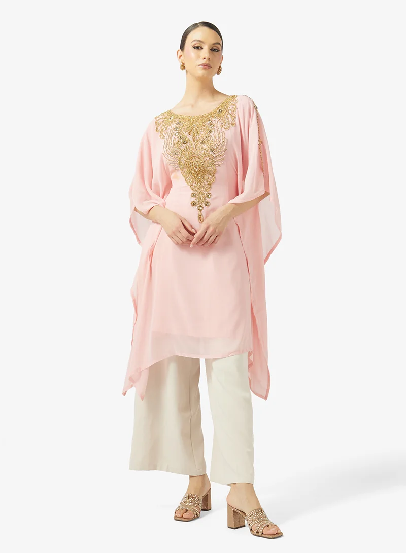 ارابيان كلوزيت Gold Embroidered Round Neck Kaftan