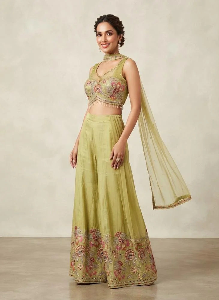 Viny VINY Green Floral Embroidered Choker Neck Top & Palazzo Set – Women's Indian Ethnic Wear