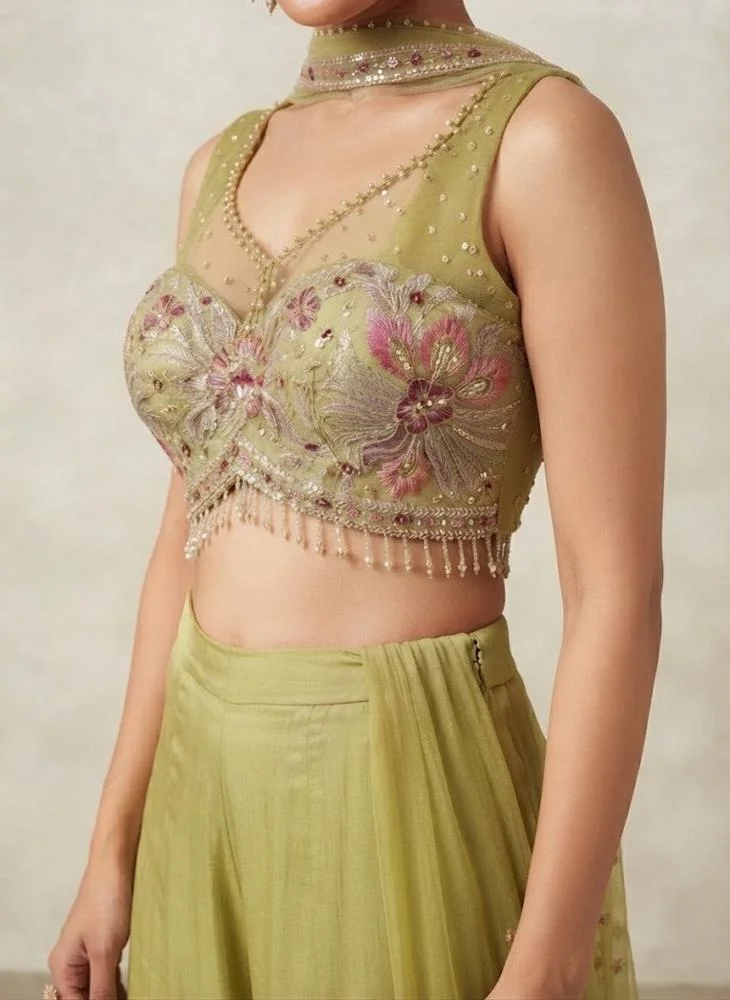 Viny VINY Green Floral Embroidered Choker Neck Top & Palazzo Set – Women's Indian Ethnic Wear