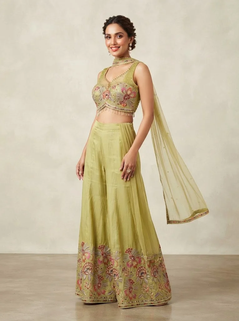 VINY Green Floral Embroidered Choker Neck Top & Palazzo Set – Women's Indian Ethnic Wear