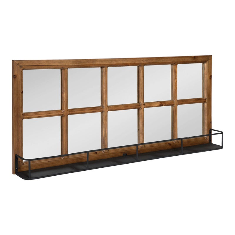Kate and Laurel Kate and Laurel Jackson Casual Farmhouse Solid Wood 10 Windowpane Mirror with Distressed Black Metal Shelf 40x18 Rustic Caramel 