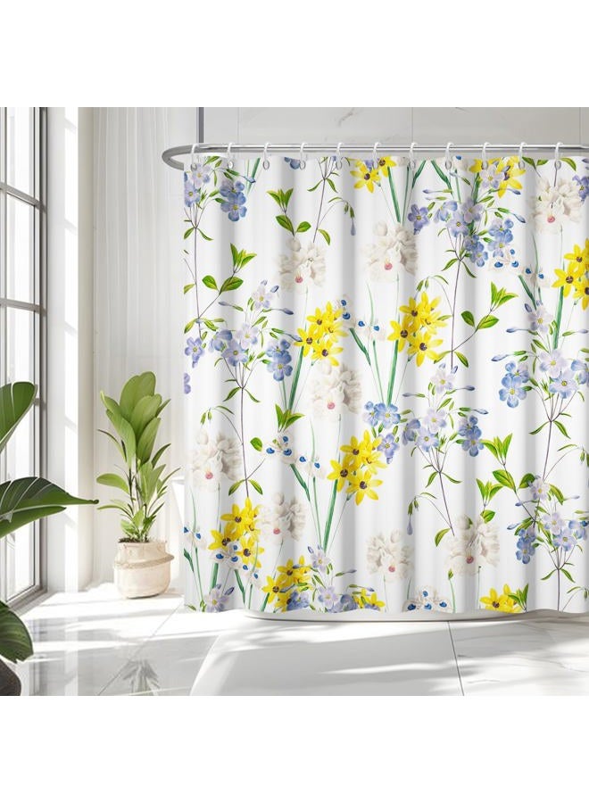 Renaiss 72x72 Inches Floral Shower Curtain Blue and Yellow Flowers Green Leaf Plant Bath Curtain Nature Wildflower Botanical Fabric Shower Curtains Set for Bathroom Decor Waterproof with Hooks - Image 2