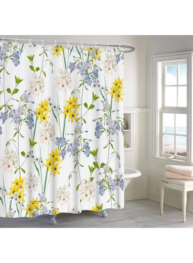 Renaiss 72x72 Inches Floral Shower Curtain Blue and Yellow Flowers Green Leaf Plant Bath Curtain Nature Wildflower Botanical Fabric Shower Curtains Set for Bathroom Decor Waterproof with Hooks - Image 1
