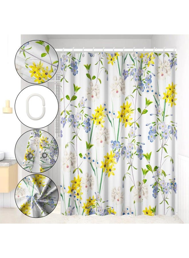 Renaiss 72x72 Inches Floral Shower Curtain Blue and Yellow Flowers Green Leaf Plant Bath Curtain Nature Wildflower Botanical Fabric Shower Curtains Set for Bathroom Decor Waterproof with Hooks - Image 3