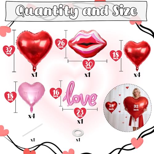 Togvu 32 Inch Large Red Heart Balloons 11pcs 30Inch Large Pink Red Lip Heart Kiss Foil Balloon Love Letter Foil Balloon for Valentines Day Romantic Special Night Makeup Wedding Anniversary Party Decoration - Image 5