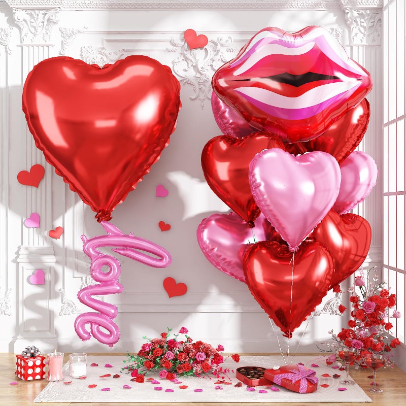 Togvu 32 Inch Large Red Heart Balloons 11pcs 30Inch Large Pink Red Lip Heart Kiss Foil Balloon Love Letter Foil Balloon for Valentines Day Romantic Special Night Makeup Wedding Anniversary Party Decoration - Image 3
