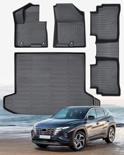 حصائر أرضية مقاومة للعوامل الجوية لهيونداي توسان 2025 2024 2023 2022 باستثناء الهجين PHEV مجموعة مخصصة من حصائر TPE لجميع الأحوال الجوية لحماية الداخلية حصائر أمامية وخلفية وصندوق الأمتعة الثقيلة