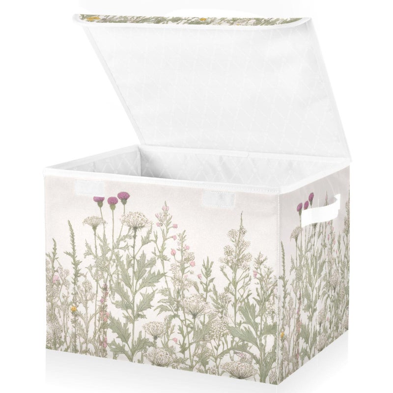 xigua Vintage Colorful Herbs and Wild Flowers Floral Storage Bins with Lids and Carrying Handle,Foldable Storage Boxes Organizer Containers Baskets Cube with Cover for Home Bedroom Closet Office - Image 1