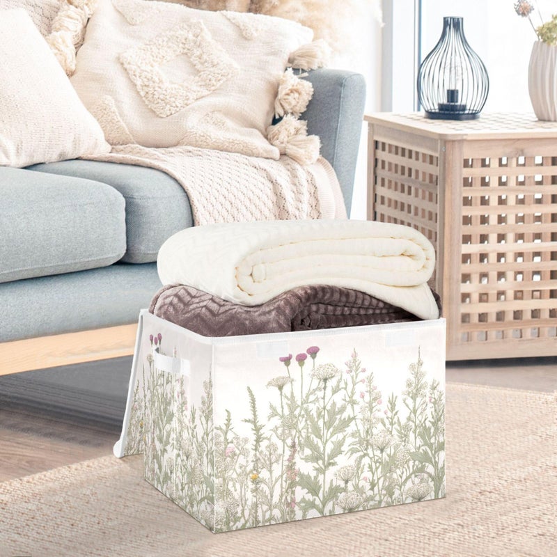 xigua Vintage Colorful Herbs and Wild Flowers Floral Storage Bins with Lids and Carrying Handle,Foldable Storage Boxes Organizer Containers Baskets Cube with Cover for Home Bedroom Closet Office - Image 4