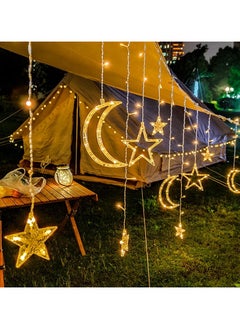 AUTOYSUR مصابيح ديكور للحديقة، ديكورات رمضان 3.5 متر للمنزل، ستارة خيطية مرصعة بالنجوم تعمل بالطاقة الشمسية، أضواء رمضانية خارجية مقاومة للماء بـ 8 أوضاع لتزيين الحديقة (تعمل بالبطارية)  - Image 1