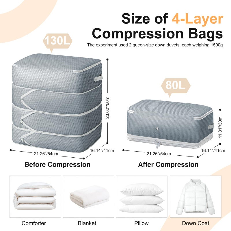 Easortm Comforter Storage Bag - 130L Large Capacity Blanket Storage Bags 4-Layer Ultra Space Saving Self Compression Organizer, Washable Compression Bags for Storage Comforter Blanket, 2-Pack, Grey - Image 2