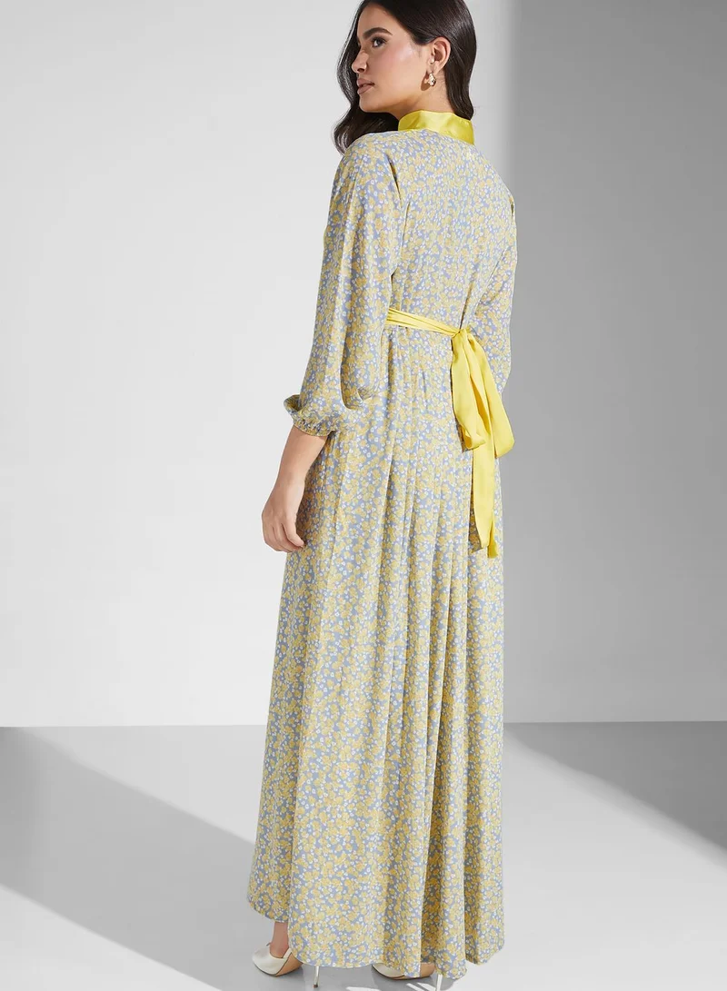 Golden Apple Floral Print Puff Sleeve Jalabiya