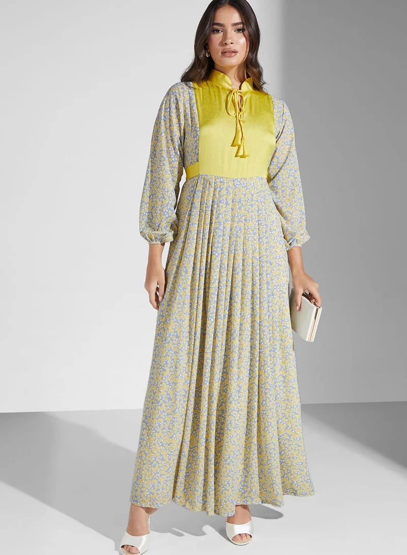 Golden Apple Floral Print Puff Sleeve Jalabiya