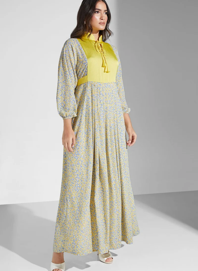 Golden Apple Floral Print Puff Sleeve Jalabiya