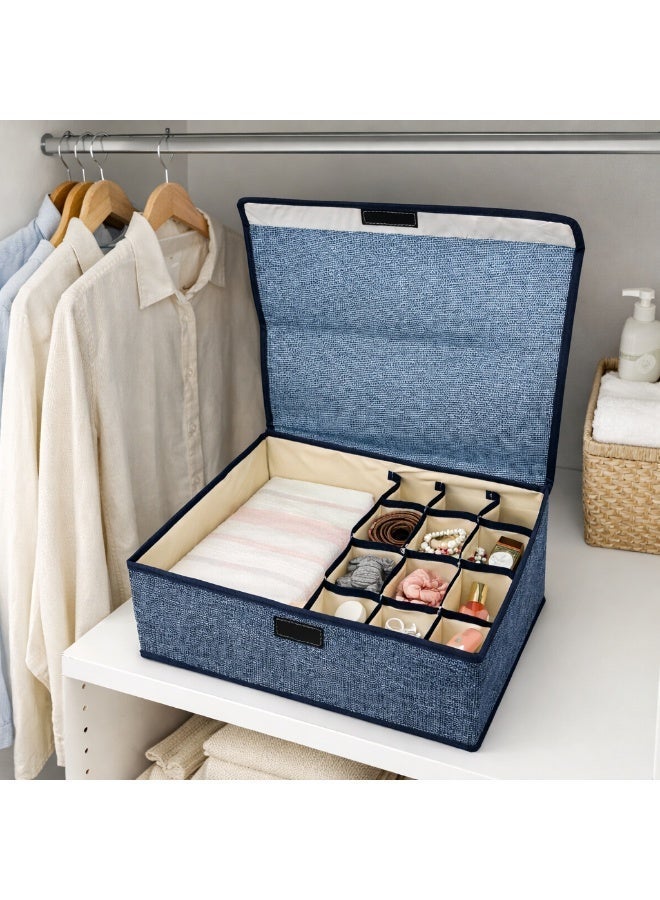 Fabric Storage Box with Lid, Closet Organizer with Dividers, Foldable Clothes Storage Bin for Underwear, Socks, Makeup & Accessories, Wardrobe Organizer Box 33 x 25 x 12 cm (Blue) - Image 2