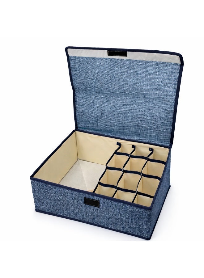 Fabric Storage Box with Lid, Closet Organizer with Dividers, Foldable Clothes Storage Bin for Underwear, Socks, Makeup & Accessories, Wardrobe Organizer Box 33 x 25 x 12 cm (Blue) - Image 5