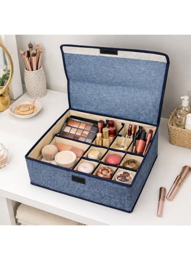 Fabric Storage Box with Lid, Closet Organizer with Dividers, Foldable Clothes Storage Bin for Underwear, Socks, Makeup & Accessories, Wardrobe Organizer Box 33 x 25 x 12 cm (Blue) - Image 1
