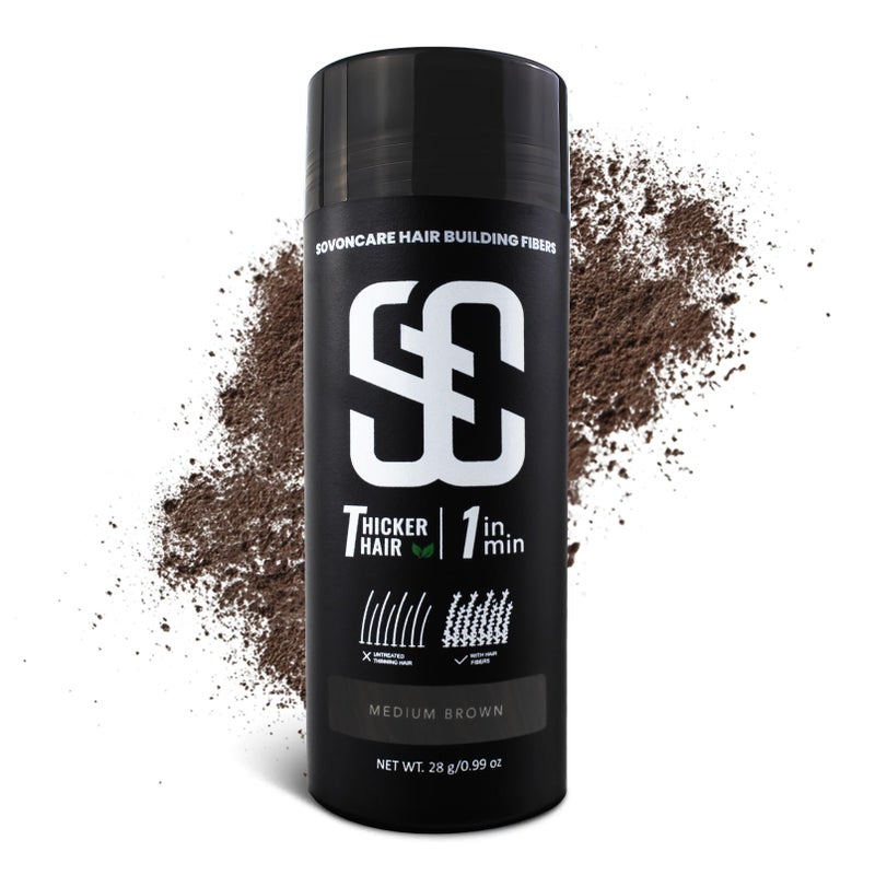 SOVONCARE Hair Fibers for Thinning Hair Medium Brown, Hair Building Fibers for Bald Spots Undetectable & Natural, Conceals Hair Loss Fill In Fine Hair Powder Hair Thicker Instantly for Women & Men 28g - Image 1