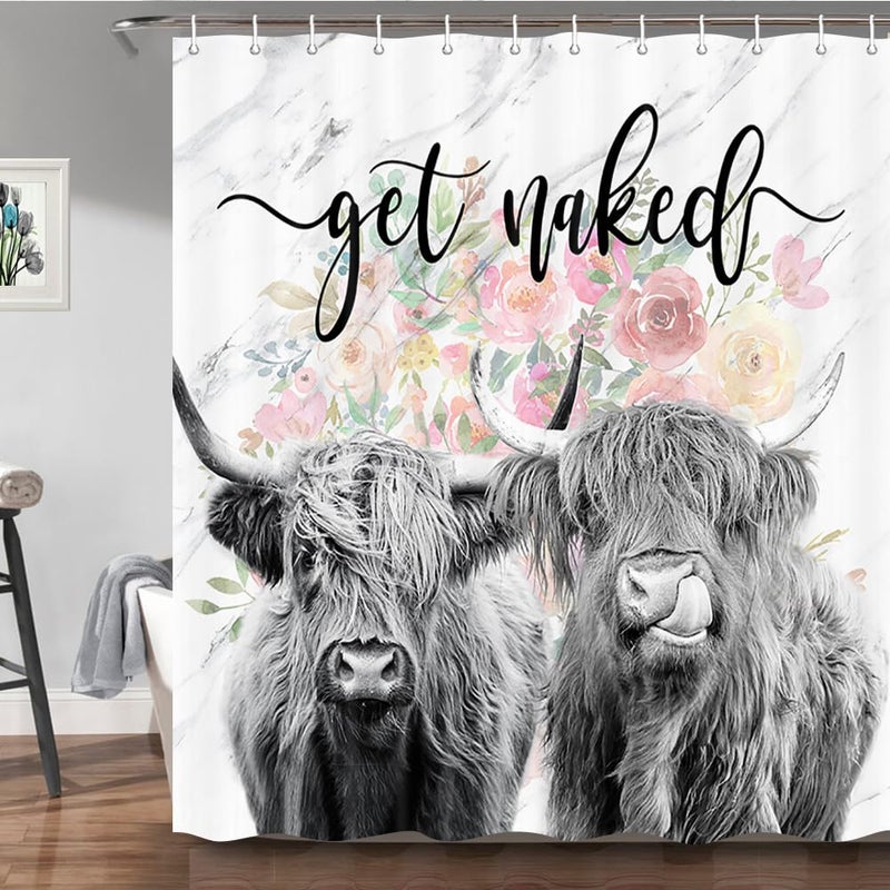 Romantic Angels Western Cow Shower Curtain 60*72 Inch Highland Cow Bathroom Decor Get Naked Country Shower Curtains Set Rustic Farmhouse Style Funny Cow Shower Curtain for Bathroom with 12 Hooks (Flower) - Image 2