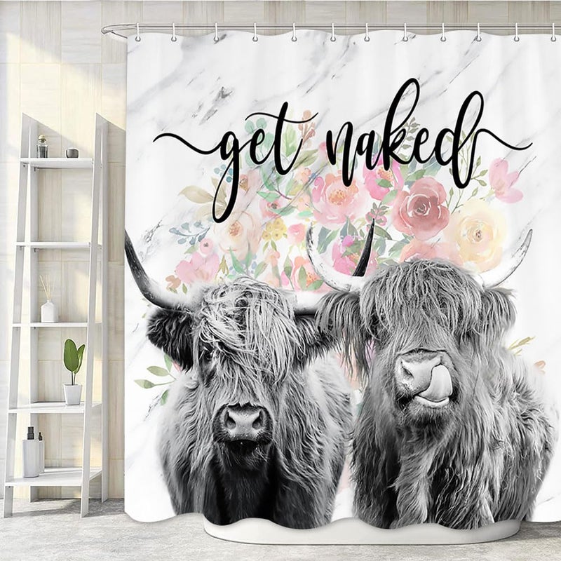 Romantic Angels Western Cow Shower Curtain 60*72 Inch Highland Cow Bathroom Decor Get Naked Country Shower Curtains Set Rustic Farmhouse Style Funny Cow Shower Curtain for Bathroom with 12 Hooks (Flower) - Image 1