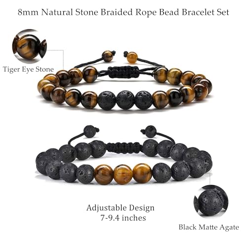 M MOOHAM Bracelets for Mens Gifts - Beaded Natural Tiger Eye Bracelet Black Lava Rock Stone Chakra Mens Anxiety Bracelets Adjustable Aromatherapy Essential Oil Diffuser Healing Dad Gifts - Image 3