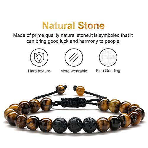 M MOOHAM Bracelets for Mens Gifts - Beaded Natural Tiger Eye Bracelet Black Lava Rock Stone Chakra Mens Anxiety Bracelets Adjustable Aromatherapy Essential Oil Diffuser Healing Dad Gifts - Image 5