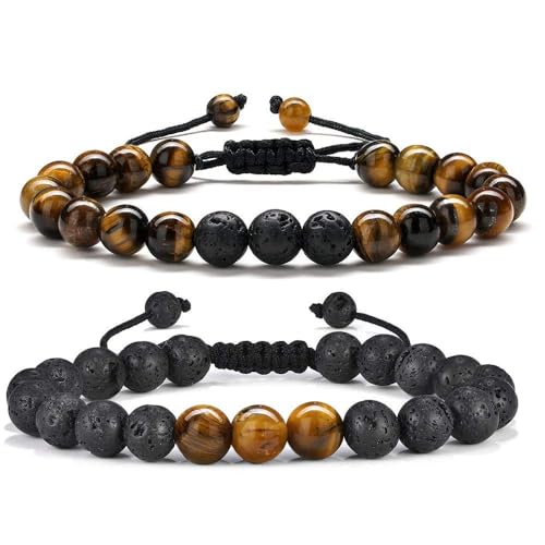 M MOOHAM Bracelets for Mens Gifts - Beaded Natural Tiger Eye Bracelet Black Lava Rock Stone Chakra Mens Anxiety Bracelets Adjustable Aromatherapy Essential Oil Diffuser Healing Dad Gifts - Image 1